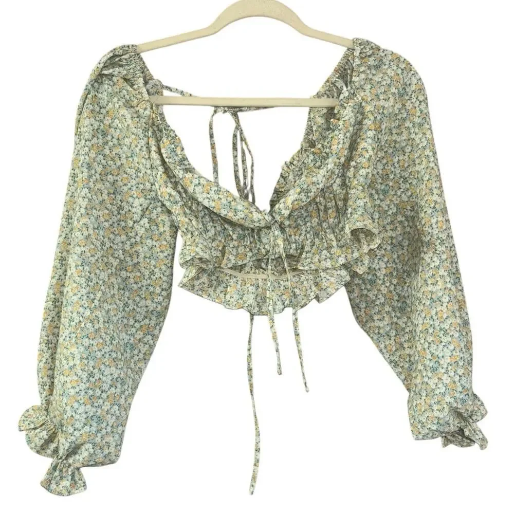 Mable Cottagecore Renaissance Peasant Floral Crop Top Women’s S Prairie Soft